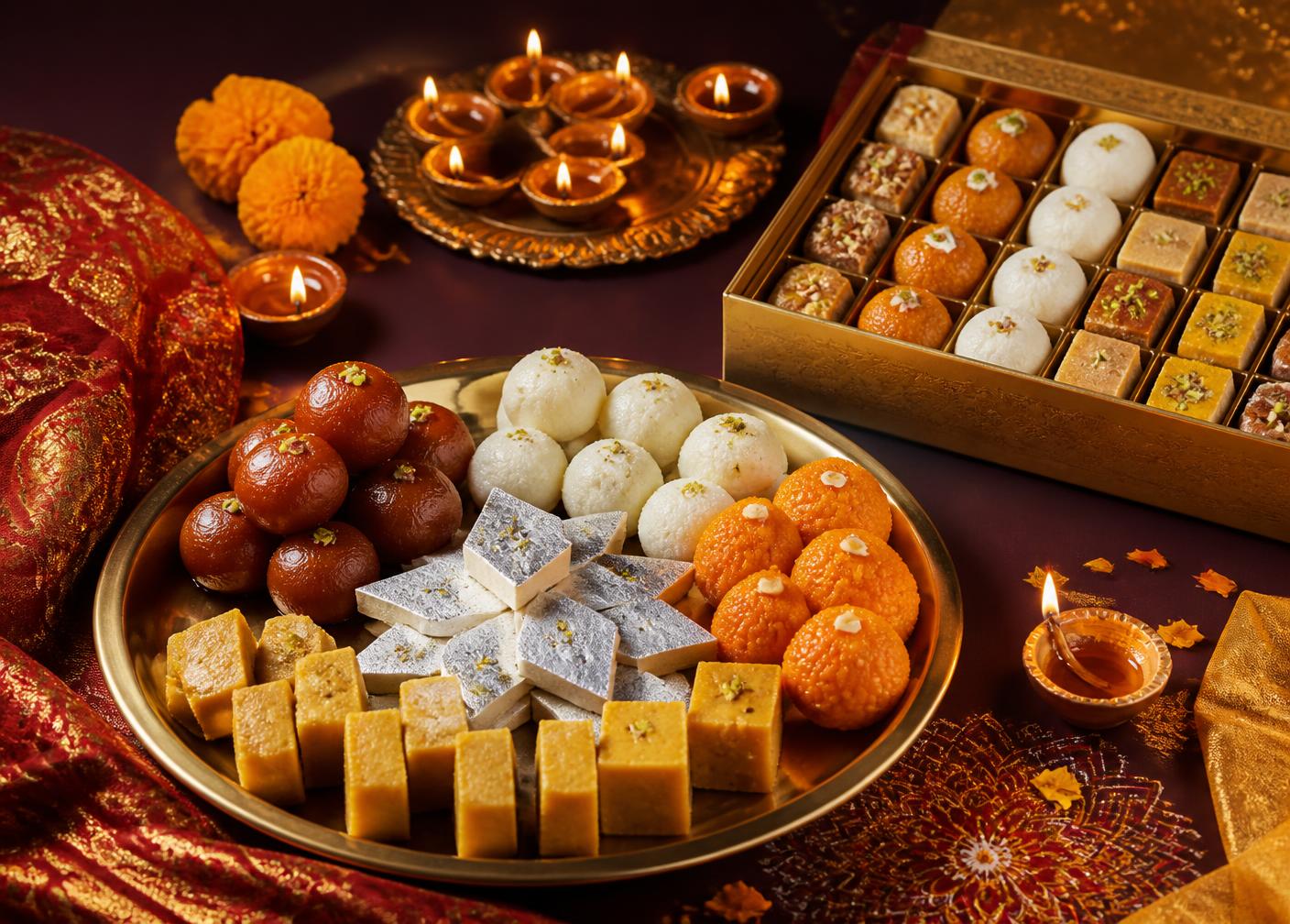 Festive Indian mithai platter with gulab jamun, kaju katli, rasgulla and a gold gift box surrounded by diyas and marigolds